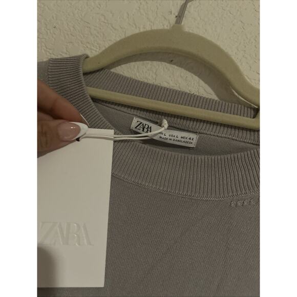 Zara Women's Gray Knitted Short Sleeve Crew Neck Pullover Sweater Shirt Top Sz L - Picture 2 of 7